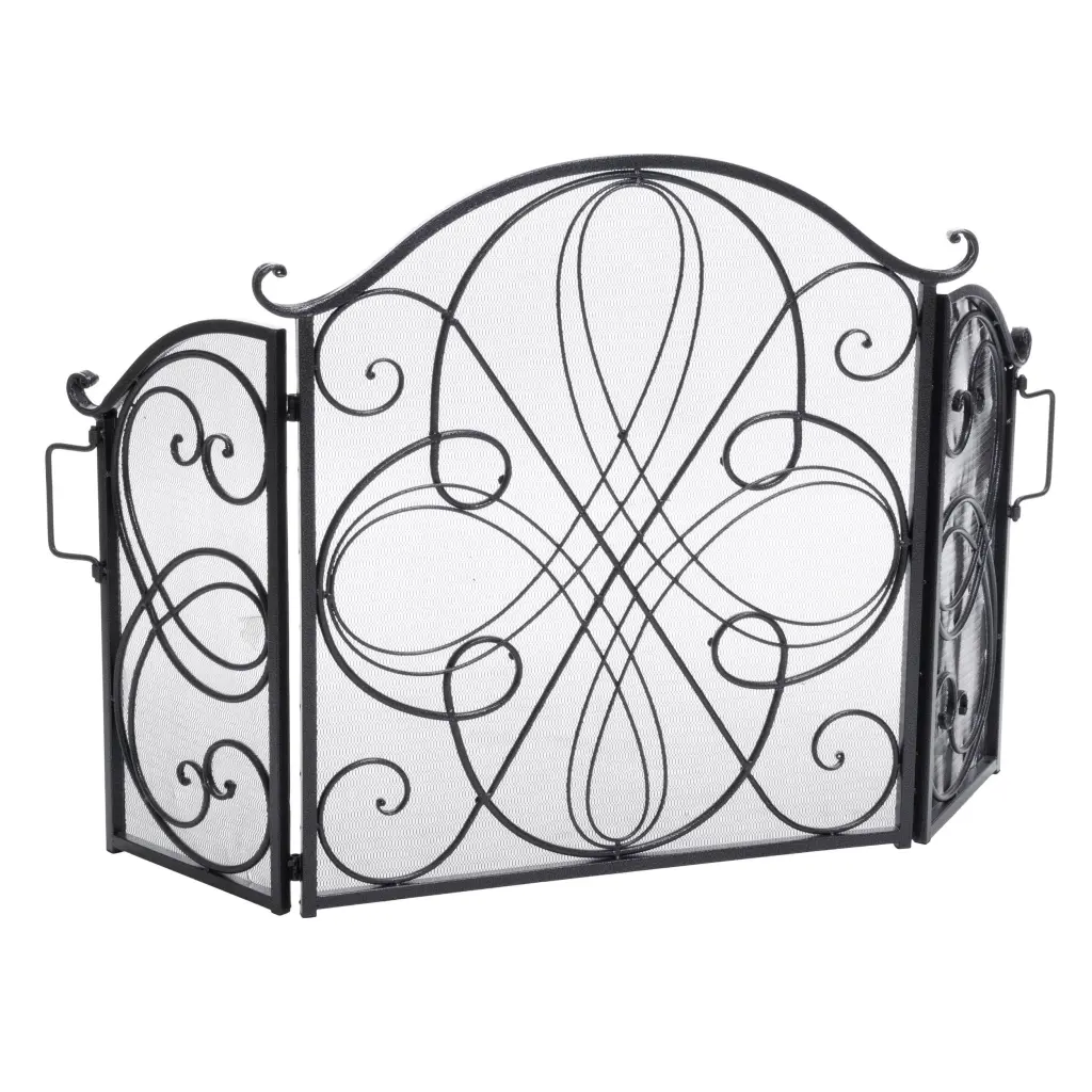 Kingsport Fireplace Screen Black Silver Iron Decorative Fireplace Guard nh-home living