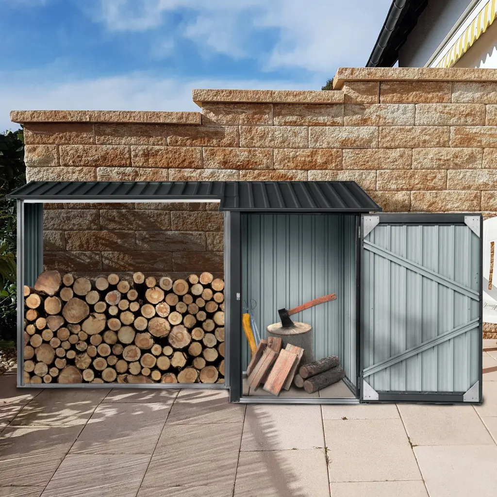 Outdoor Steel Firewood Rack And Metal Storage Shed Two One Black w-540 wwc
