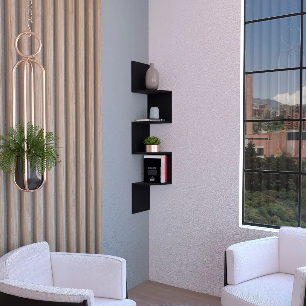 Roy Corner Floating Shelf Modern 4 Tier Presentation Black Particle Board Wall Shelf depot e-shop
