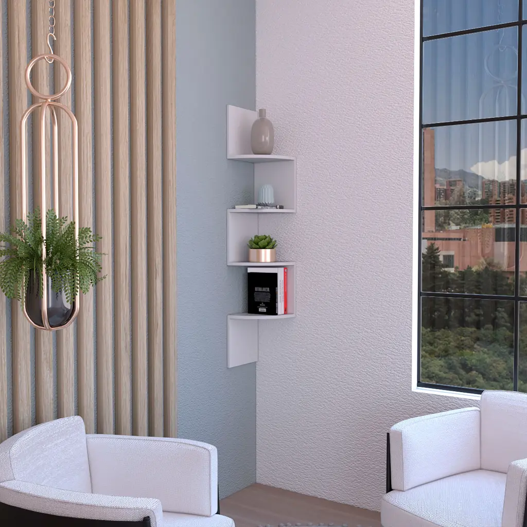 Roy Corner Floating Shelf Modern 4 Tier Presentation White Particle Board depot e-shop