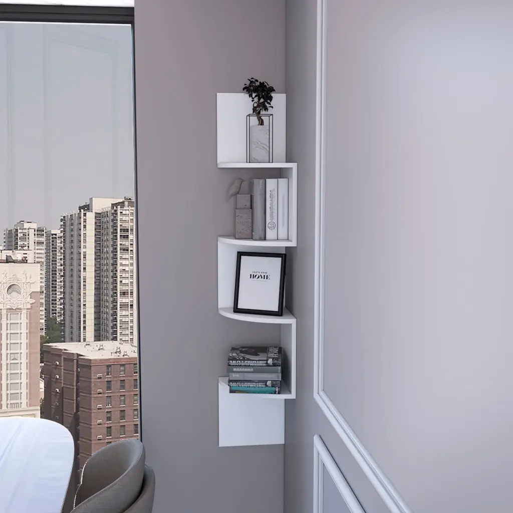 Rosebud Corner Floating Shelf Modern Full Wall 4 Shelf Unit White fm furniture
