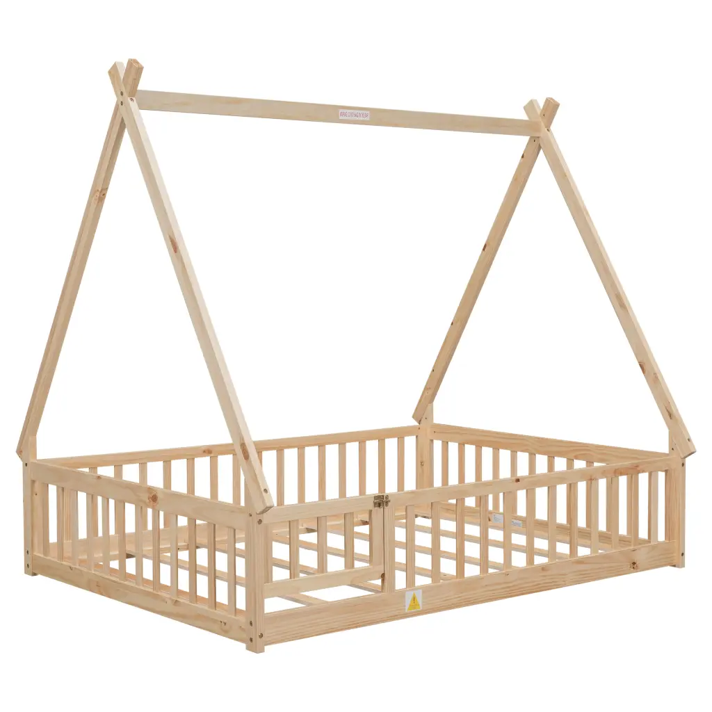 Full Tent Influenced Floor Bed Guardrails Slats and Door Natural Finish inspirit