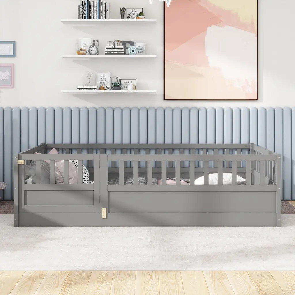 Twin Size Floor Bed Integral Construction Super High Security Bar srh