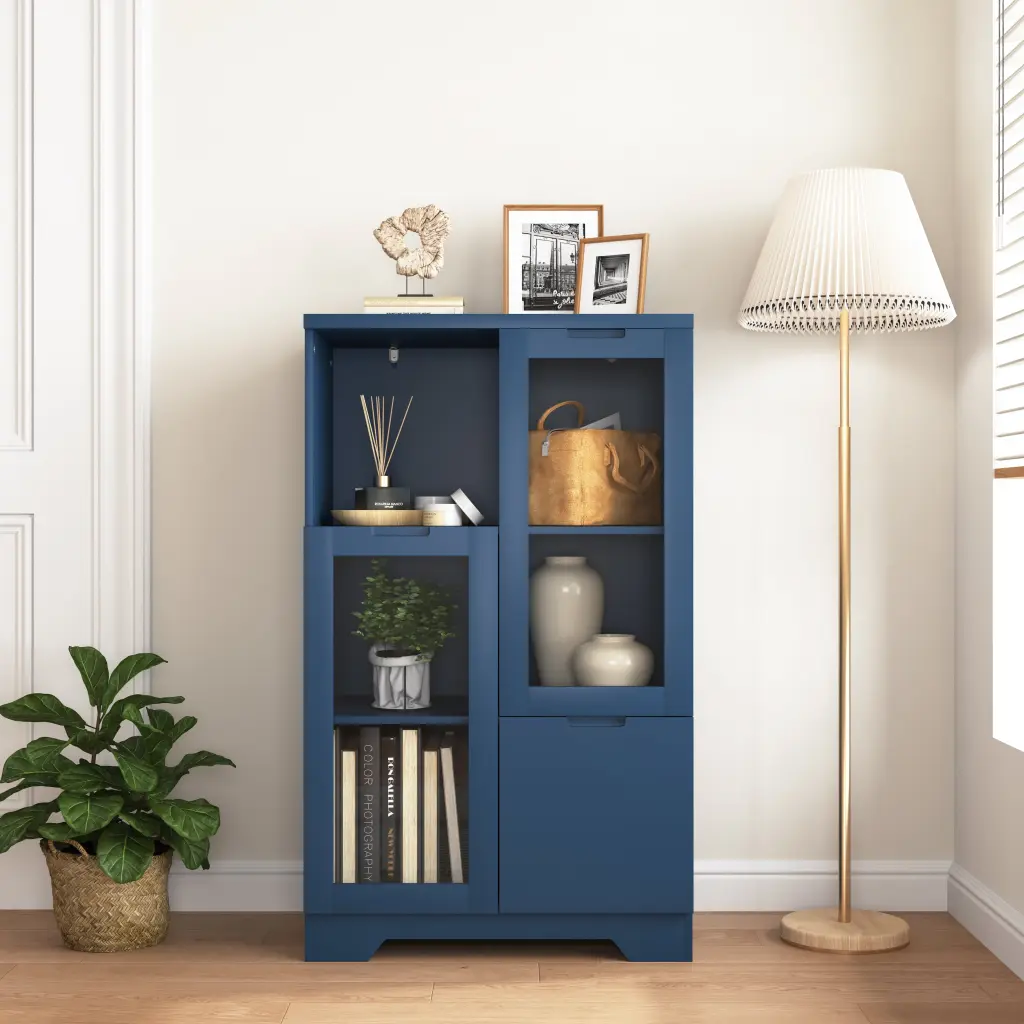 Blue Living Room Wooden Floor Cabinet 2 Glass Doors and Storage Space newmark