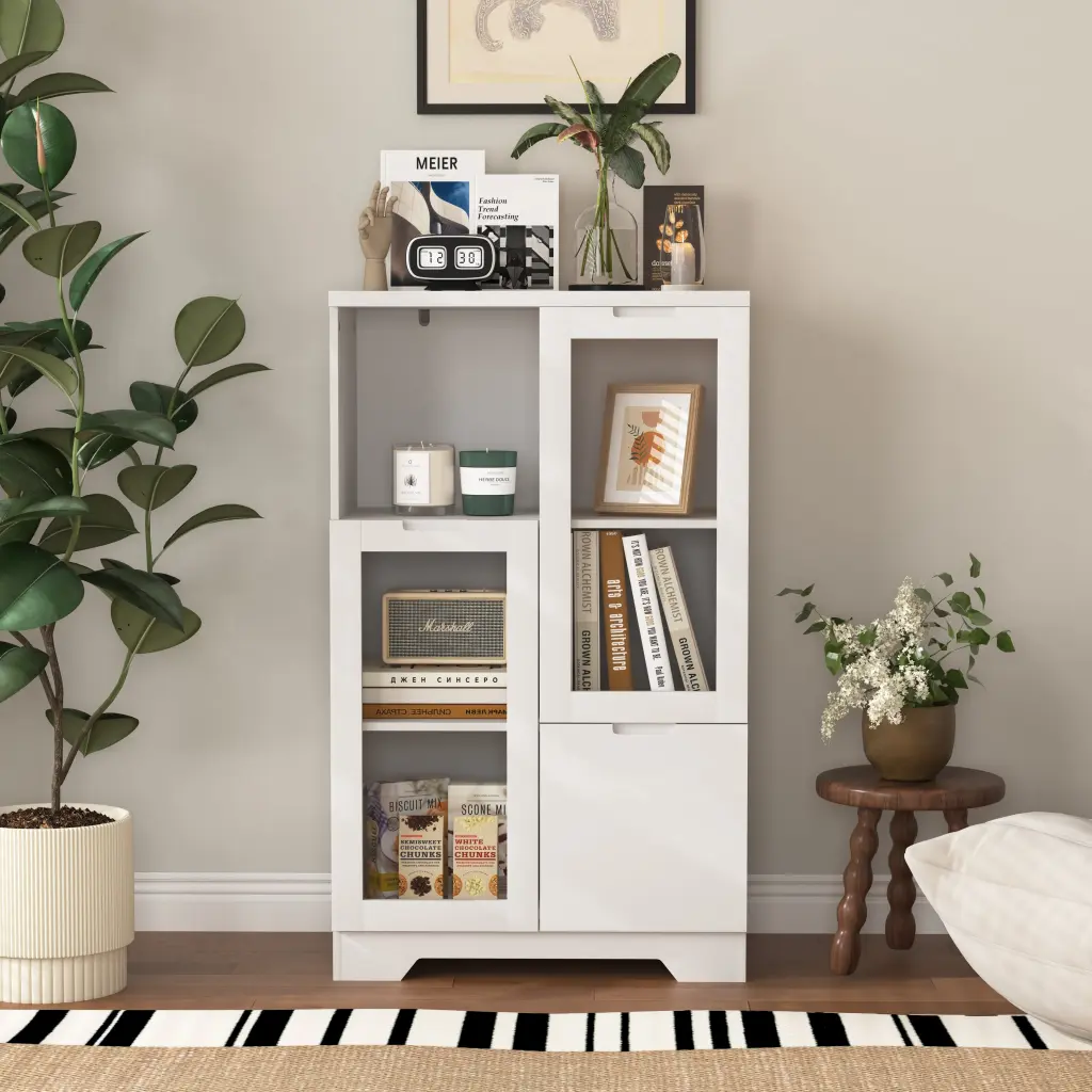 Wooden Floor Cabinet 2 Glass Doors and 2 Storage Spaces White newmark