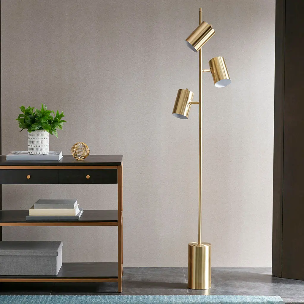 3 Light Metal Floor Lamp Gold Cotton Shade Modern Living Room Lighting jla