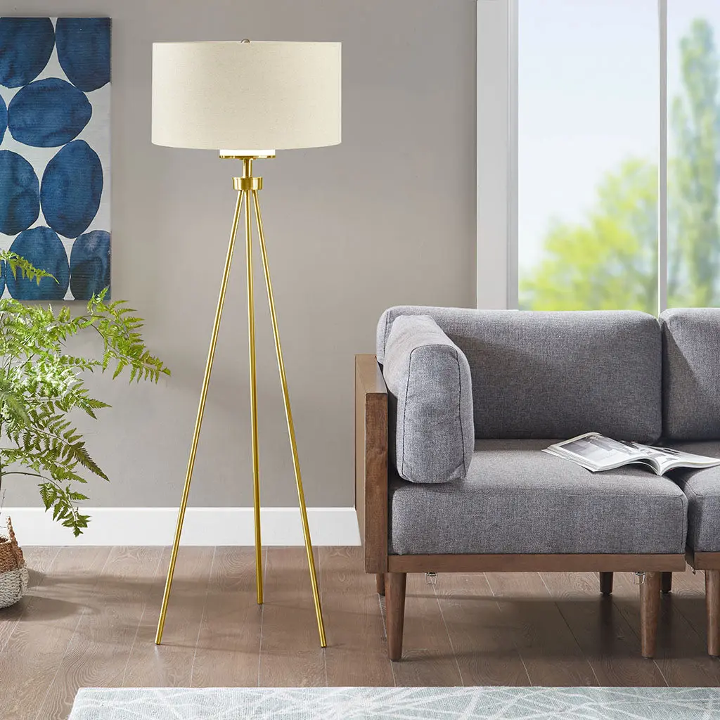 Pacific Metal Tripod Floor Lamp Glass Shade Gold Cotton jla