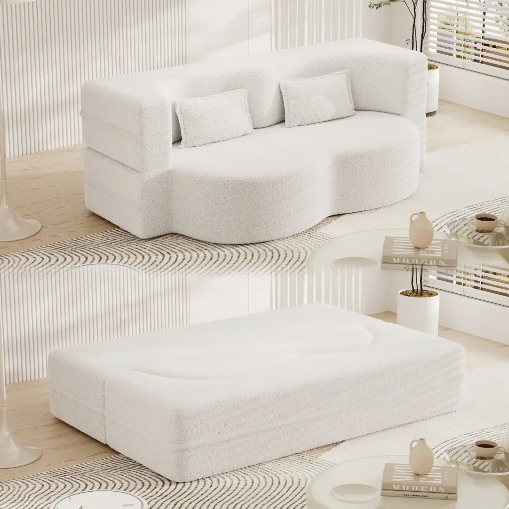 Modern Floor Sofa 2 Pillows Convertible Teddy Fabric Foam Filled Living Room bobby furniture