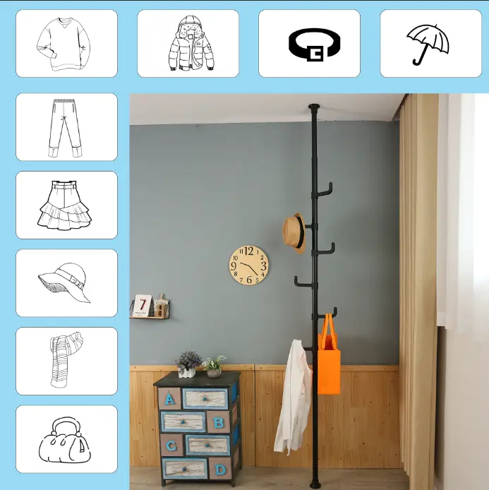 Adjustable Laundry Pole Clothes Drying Rack Coat Hanger DIY Floor To Ceiling grainbuds-y