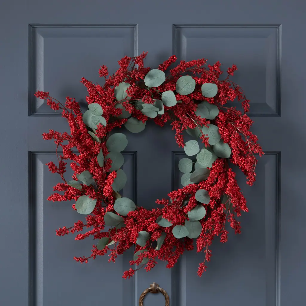 29 Inch Eucalyptus Berry Wreath Red Polyester Decorative Wall Hanging Home nh-bc furniturings