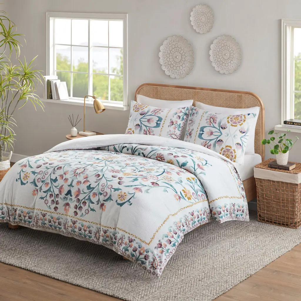 3 Piece Floral Duvet Cover Set White Multi Cotton Bedding jla