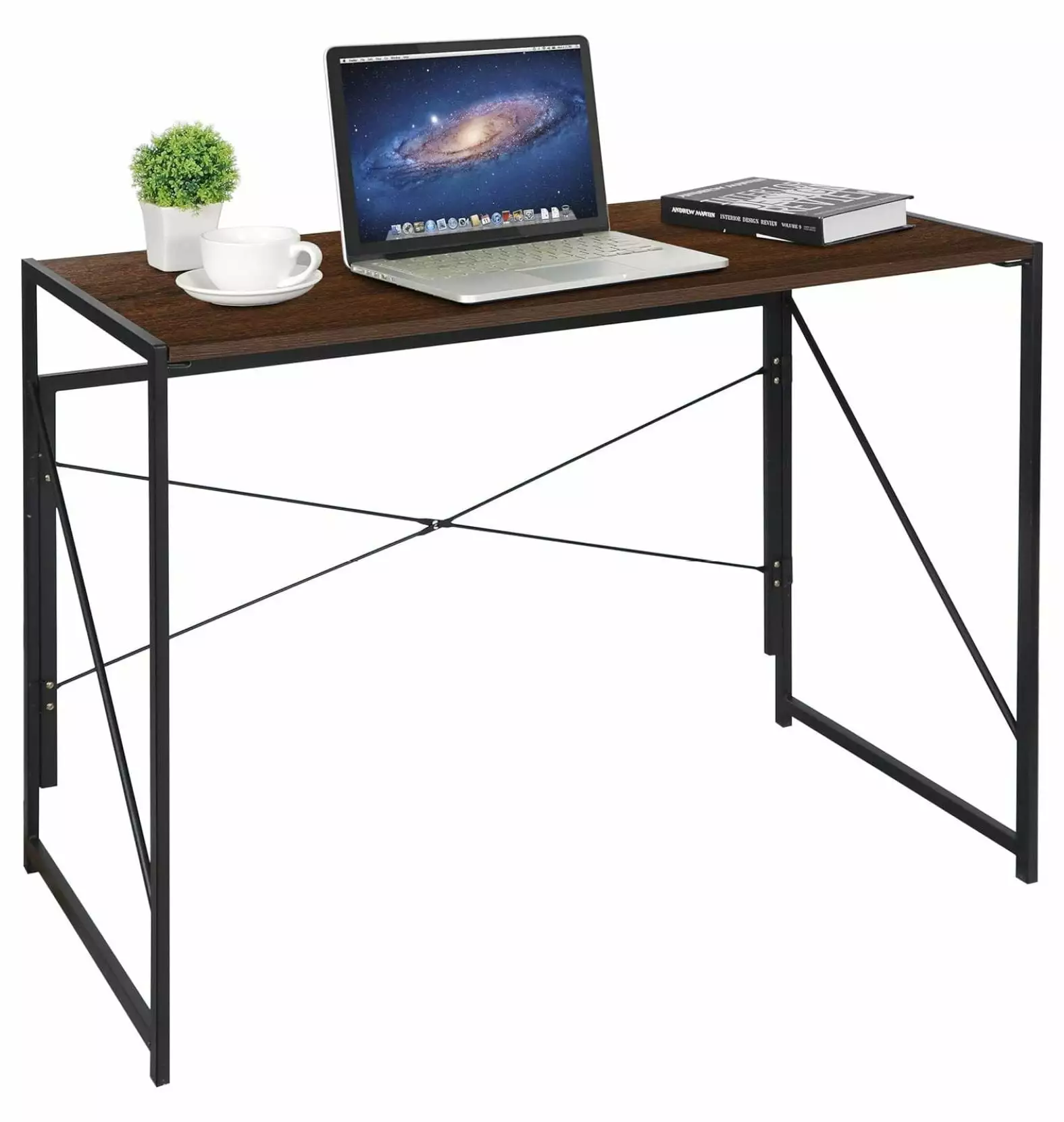Wension Folding Computer Desk - 39 Inch Writing Study Desk Home Office Metal Frame Brown