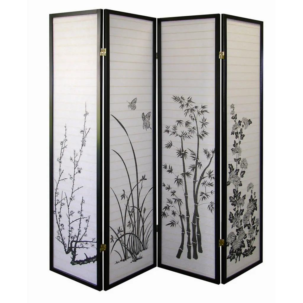 70 Inch Tall 4 Panel Screen Room Divider Floral Design Black Finish california home