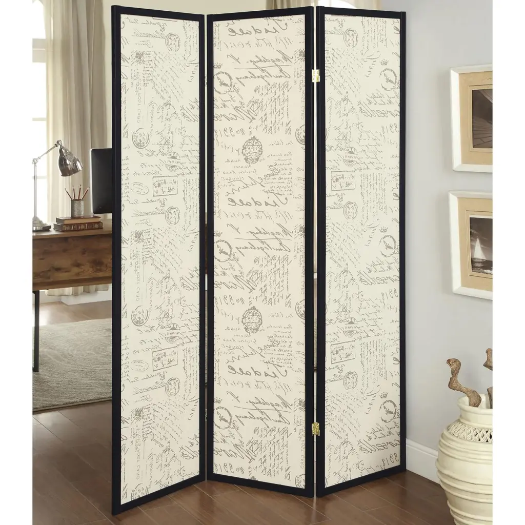 Beige and Espresso 3 Panel Folding Screen Traditional Fabric Design furniture max