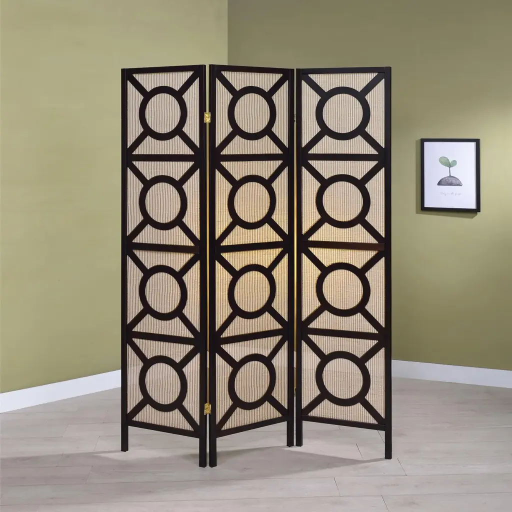 Tan and Cappuccino Circle Pattern 3 Panel Folding Screen furniture max