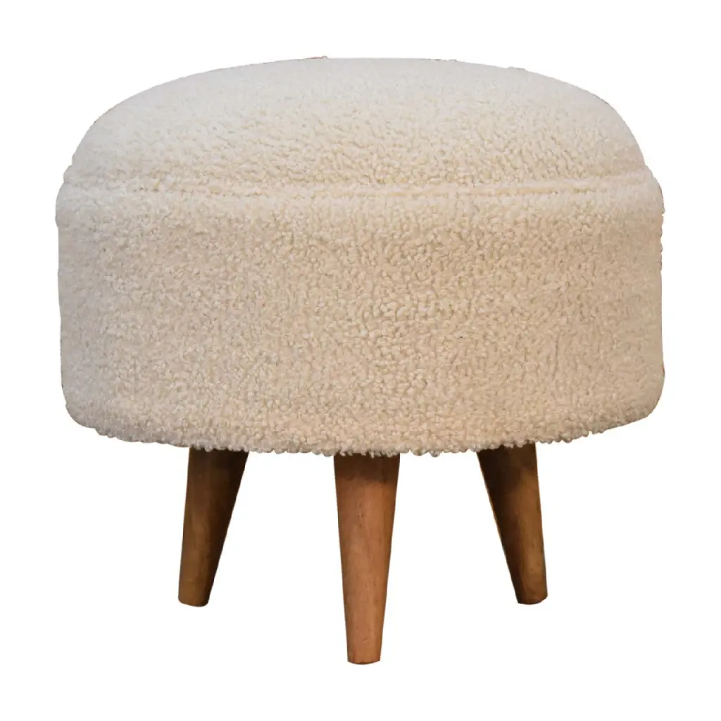 Cream Boucle Rounded Footstool Oak Foam and Wood Fabric artisan furniture
