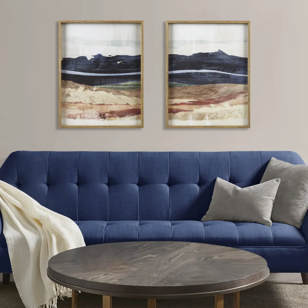 Abstract Landscape Diptych 2 Piece Framed Glass Wall Art Set Blue Multi Modern Art jla