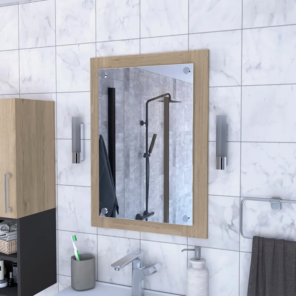Bathroom Mirror Epic Frame Light Pine Finish Beige Particle Board treevol furniture