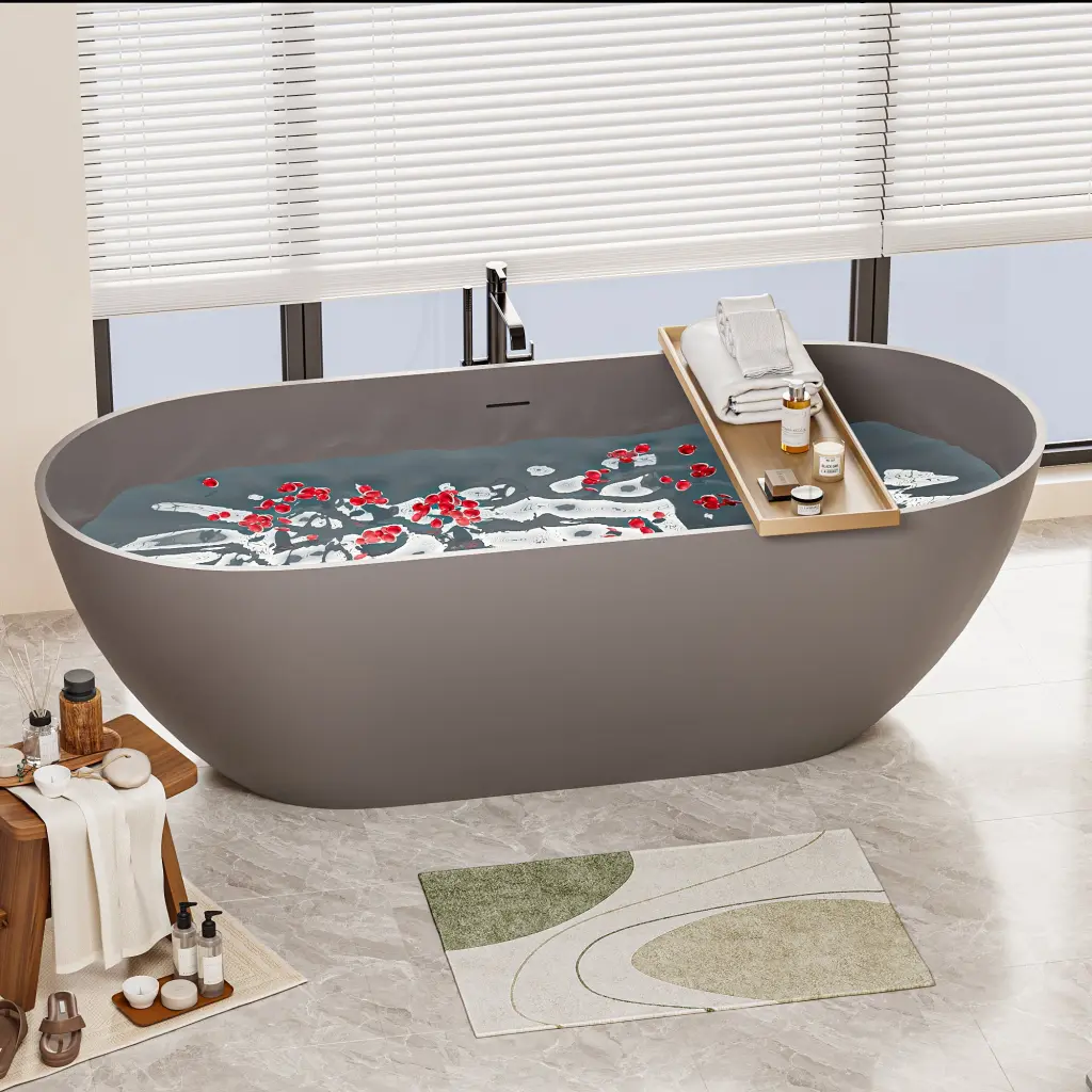 63 Inch Premium Engineered Solid Surface Bathtub Stone Resin Freestanding bathin