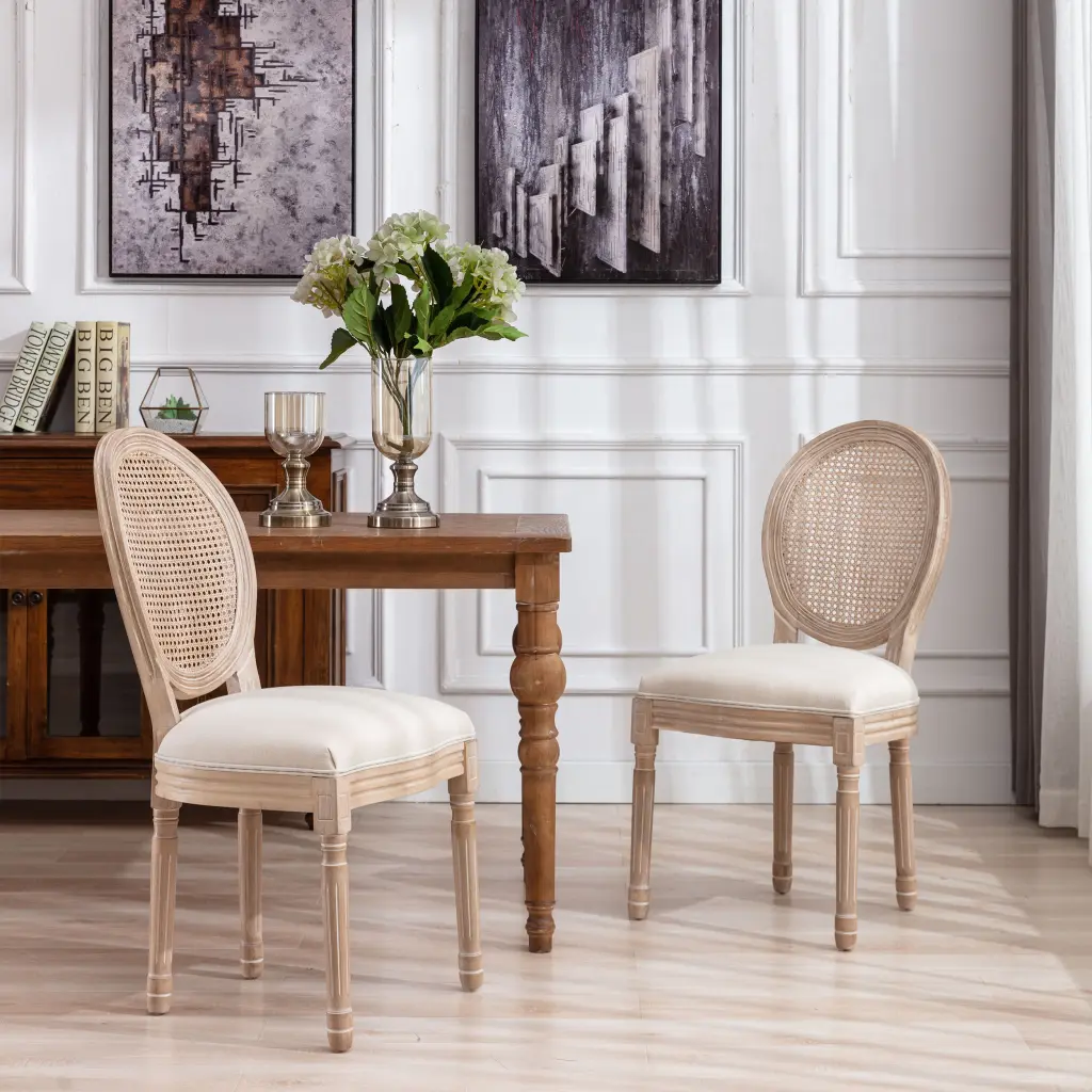 French Style Solid Wood Frame Antique Painting Linen Fabric Rattan Back Chair weehaa furniture