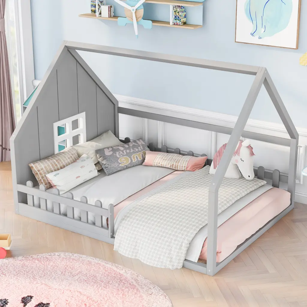 Full Size Wood Houtilize Bed Window And Fence Gray No Box Spring wm store