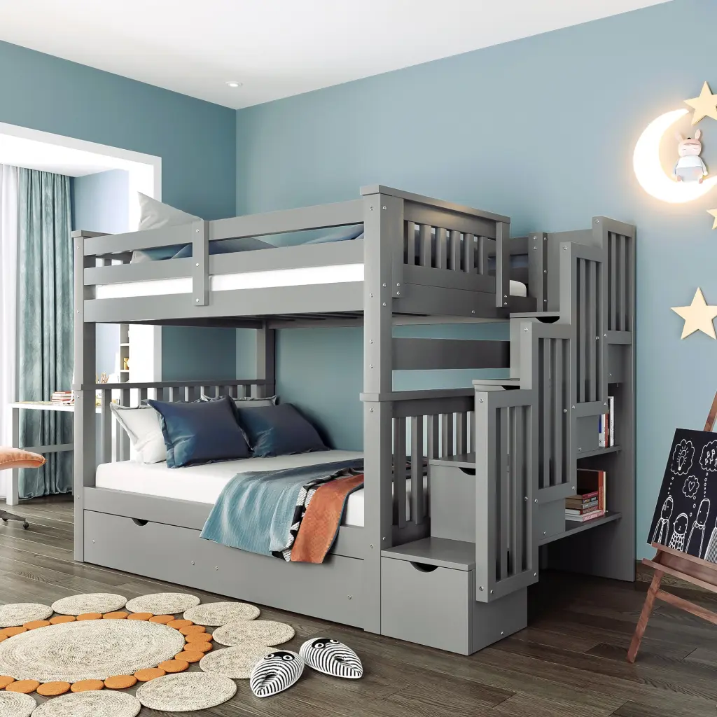 Full Over Full Bunk Bed Shelves And 6 Storage Drawers Gray Old Style lucky furniture