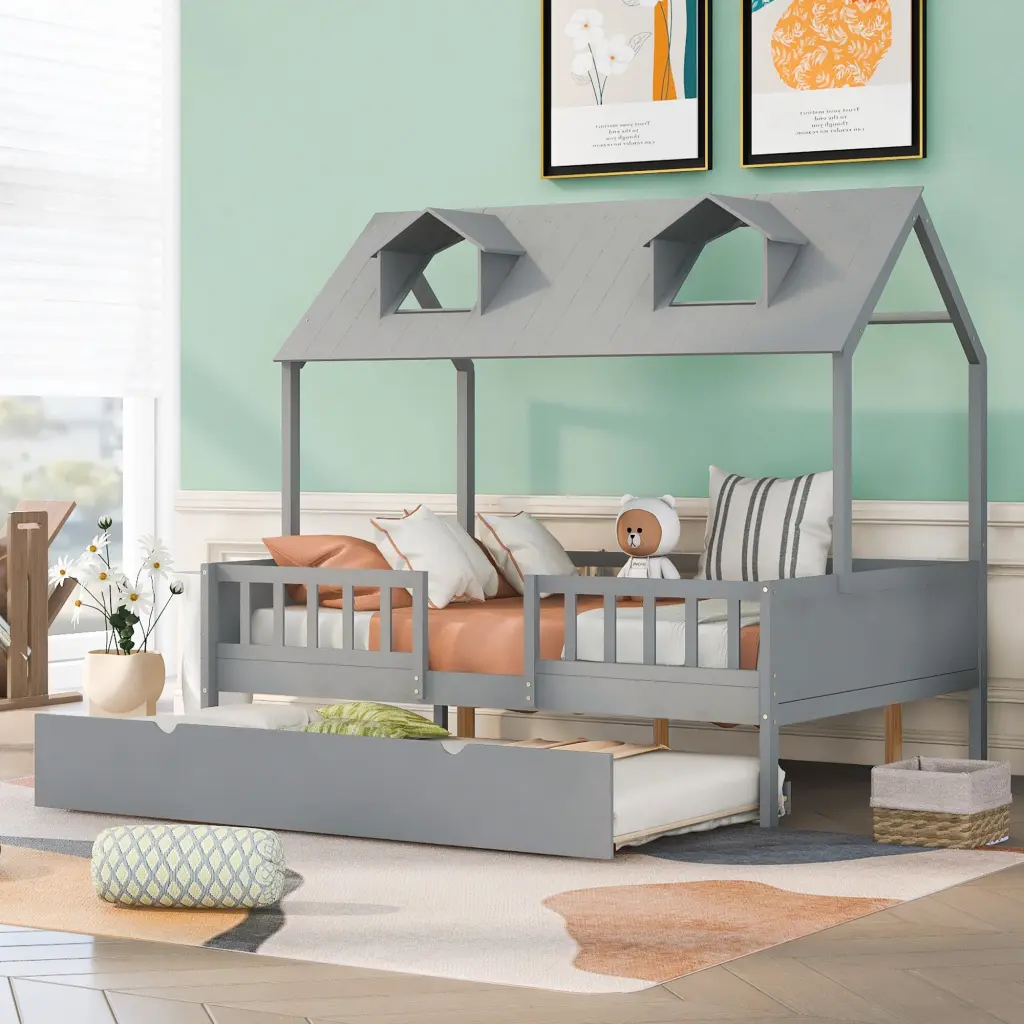 Full Size Houtilize Bed Wood Bed Twin Size Trundle Gray Solid Wood lucky furniture