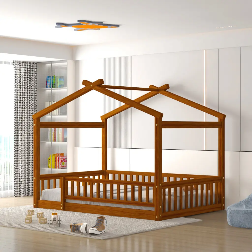 Full Size Wood Bed Frame Fence Kids Teens Girls Boys lucky furniture