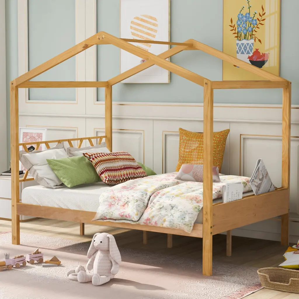 Full Size Wood House Bed Storage Space, Natural Old Sku :Lp000002 lucky furniture