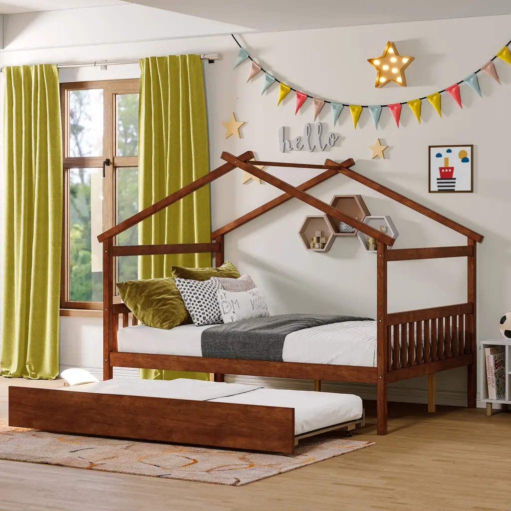Full Size Wooden Houtilize Bed Twin Size Trundle Walnut Solid Wood Frame lucky furniture