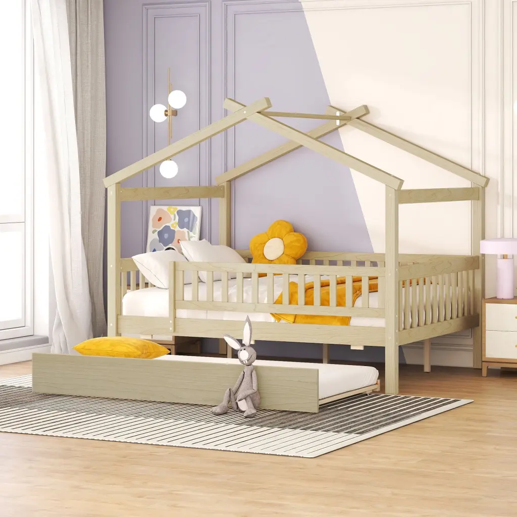 Full Size Wooden Houtilize Bed Twin Size Trundle Natural Finish lucky furniture