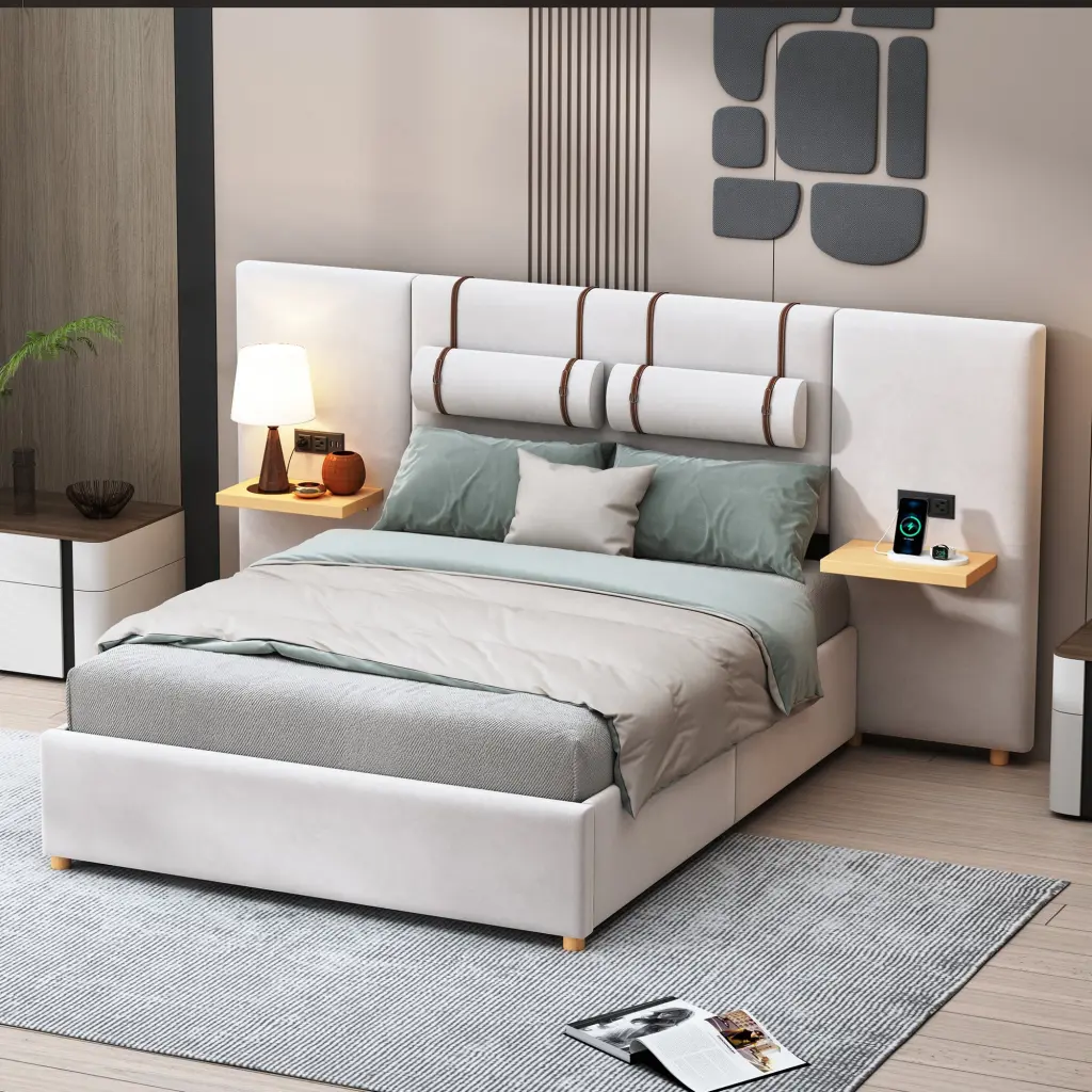 Full Size Upholstered Platform Bed Two Outlets And Usb Charging Ports Modern Bedroom Furniture lucky world