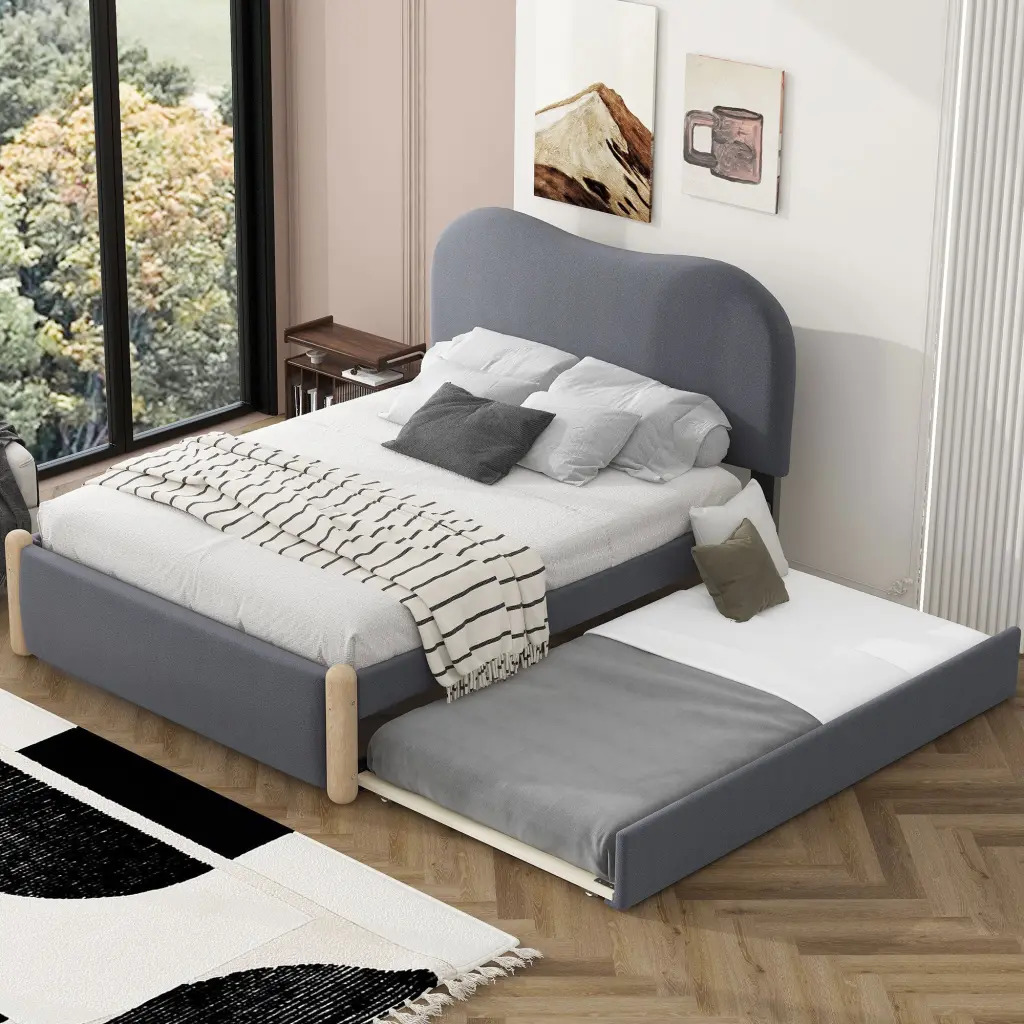Full Size Upholstered Platform Bed Wood Supporting Feet Twin Compatible wm dreamland