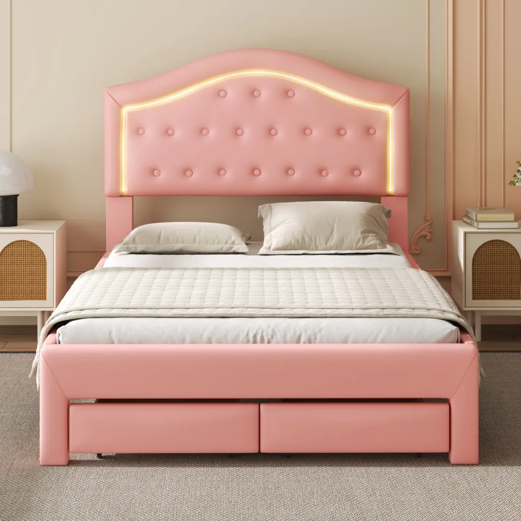 Full Size Upholstered Platform Bed Tufted Headboard LED Lights and 2 Drawers wm dreamland