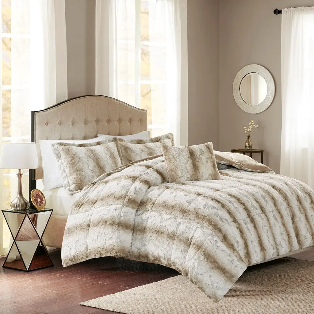 4Pc Faux Fur Easeer Set Queen Sand Polyester Bedroom Decor jla