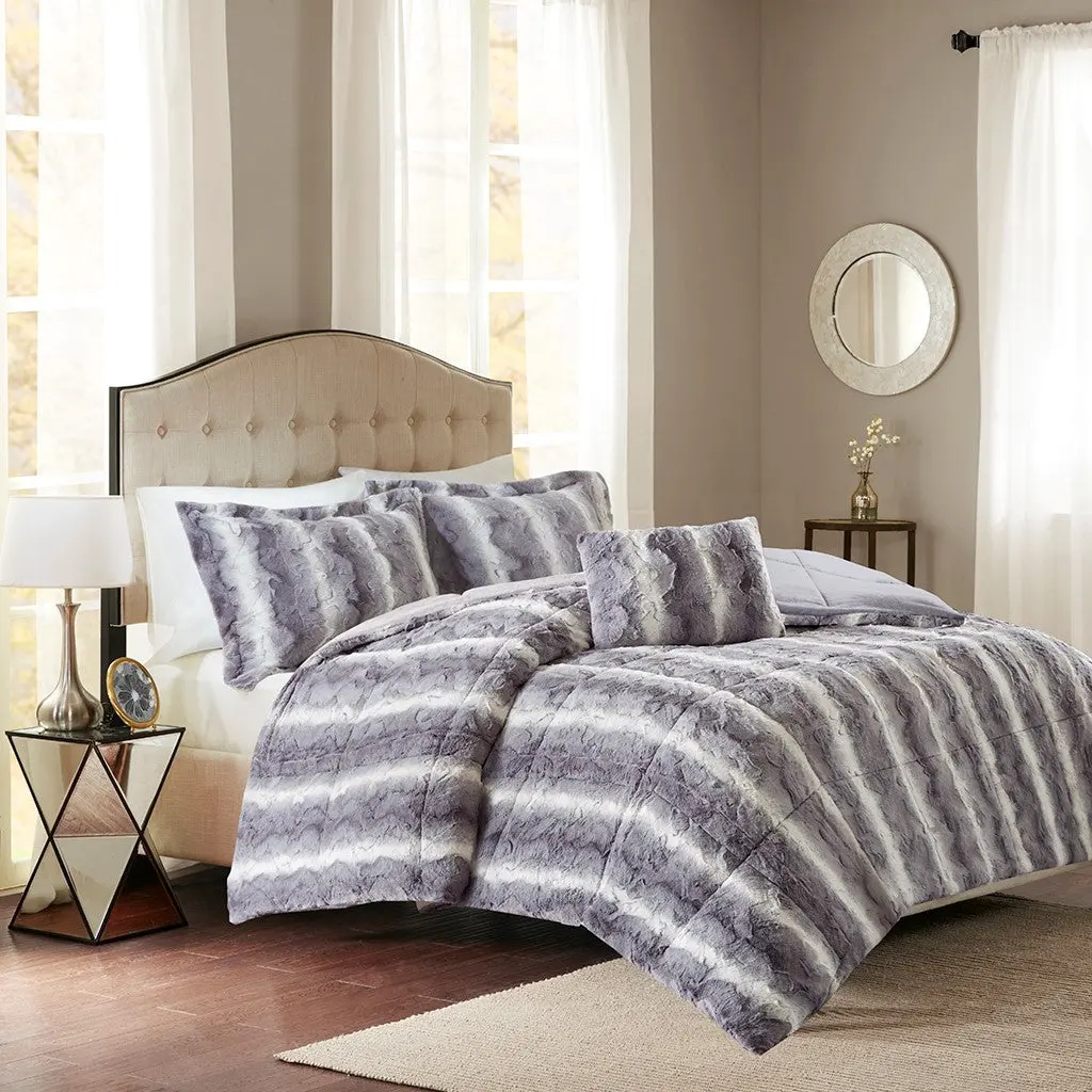 4 Piece Faux Fur Easeer Set King Size Grey Polyester Bedroom Decor jla