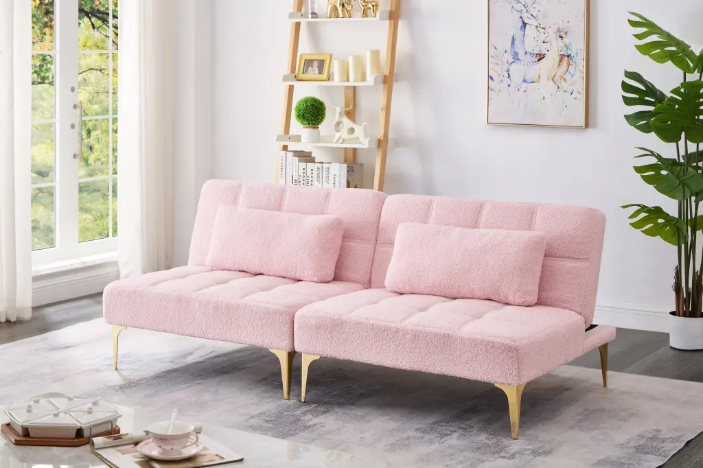 71 Inch Convertible Sofa Bed Futon Gold Metal Legs Pink Teddy Fabric hdf store