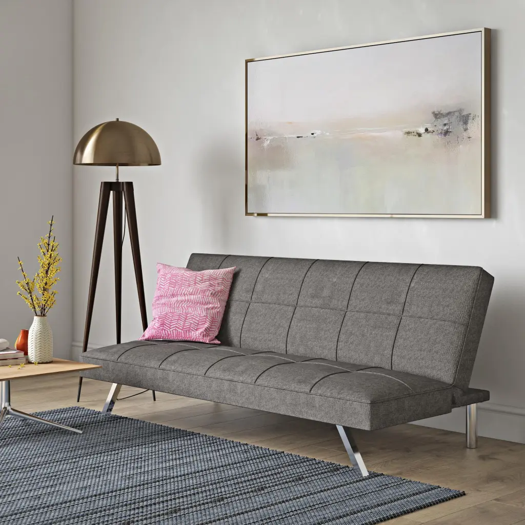 Metal Frame Stainless Leg Futon Sofa Bed Grey Fabric civilfurniture