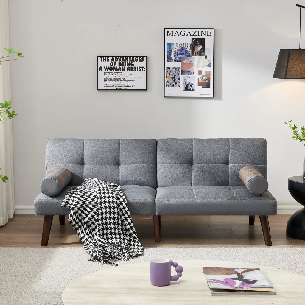 Convertible Sofa Bed Futon Solid Wood Legs Linen Fabric Grey hdf store