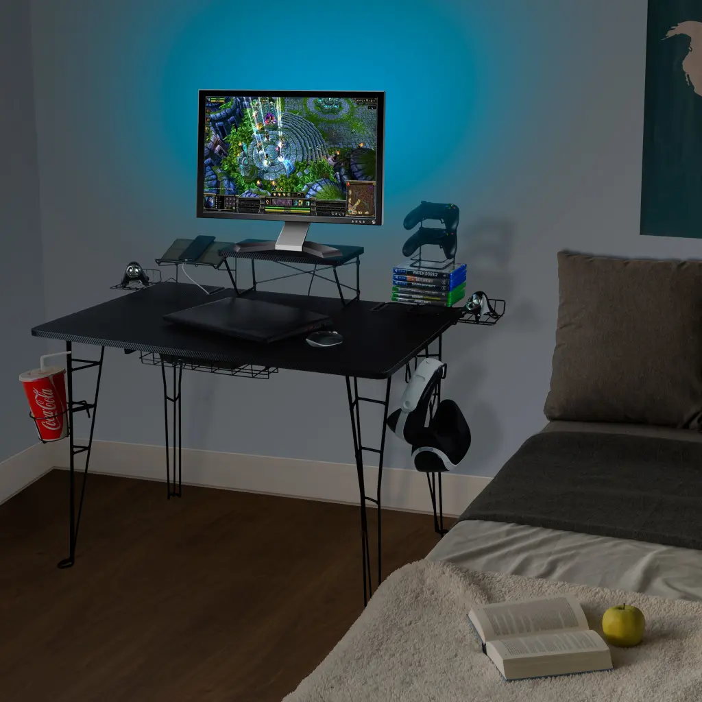 Gaming Desk Charging Station and Elevated Shelf MDF Top Powder Coated Frame atlantic inc.