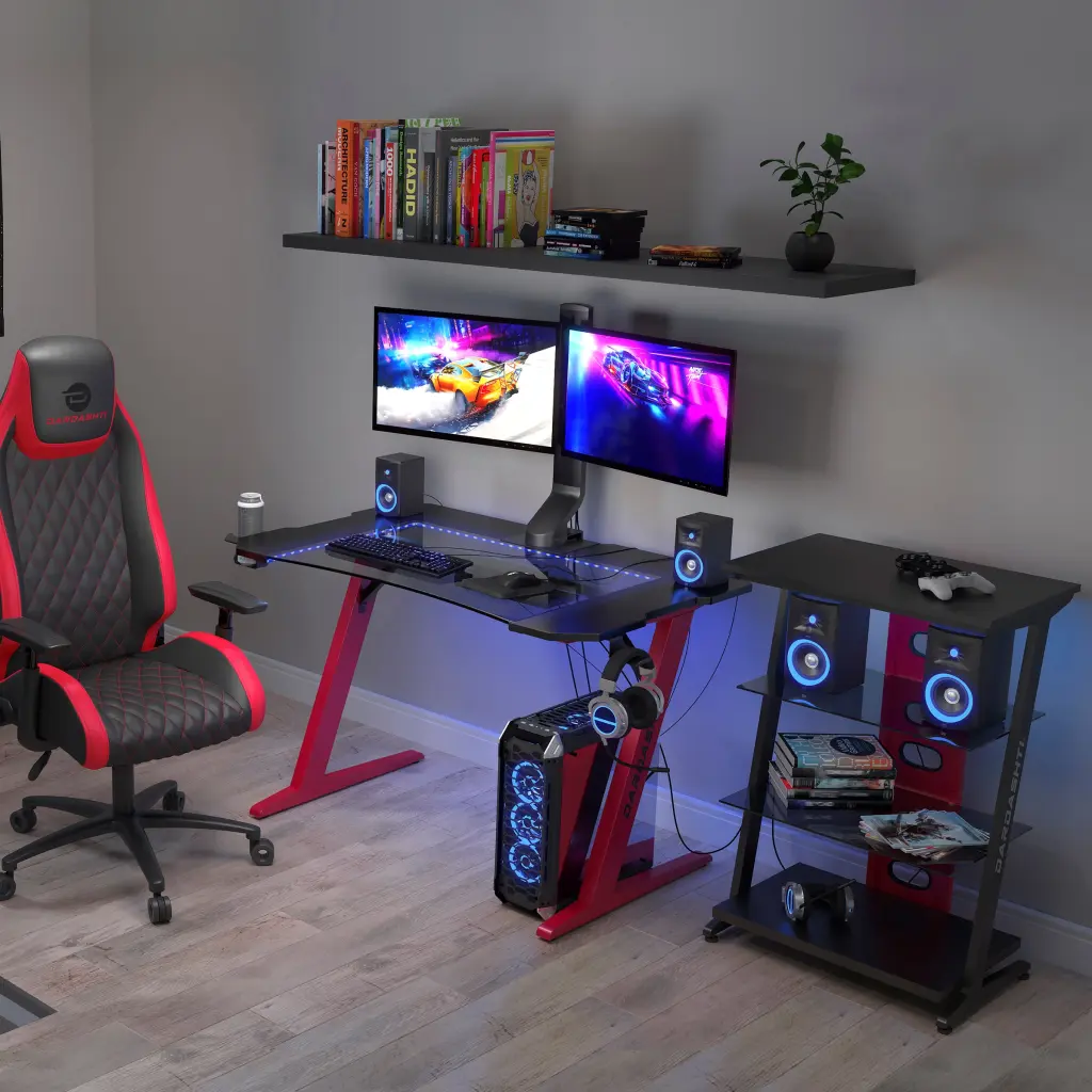 Gaming Desk Steel Legs Multicolored LED Lights Cup Holder and 3 USB Ports atlantic inc.