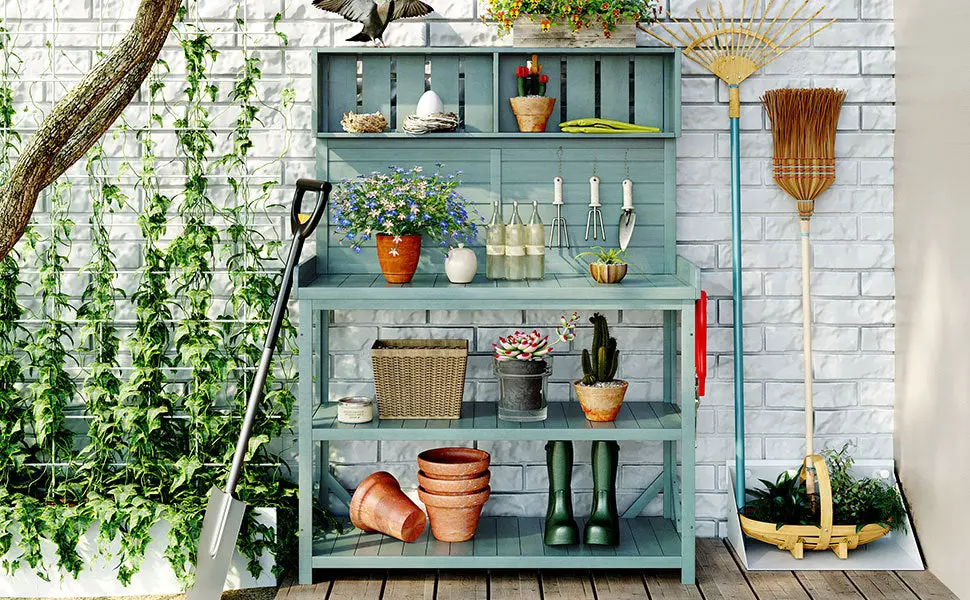 65 Inch Large Wooden Farmhouse Rustic Outdoor Potting Bench Patio Table topmax