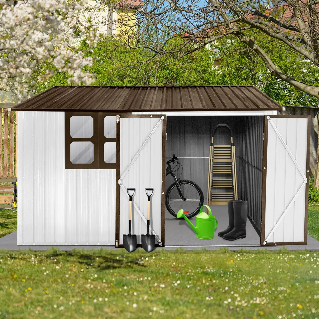 Metal Garden Shed 10ft x 8ft Outdoor Storage Shed Window White And Coffee storage sheds