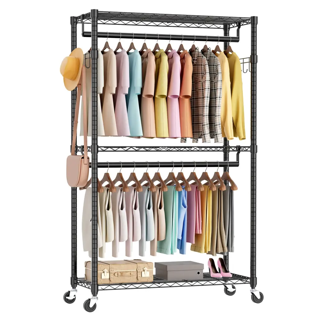 Heavy Duty Rolling Clothes Rack 3 Tiers Travel-friendly Garment Rack Home w2201