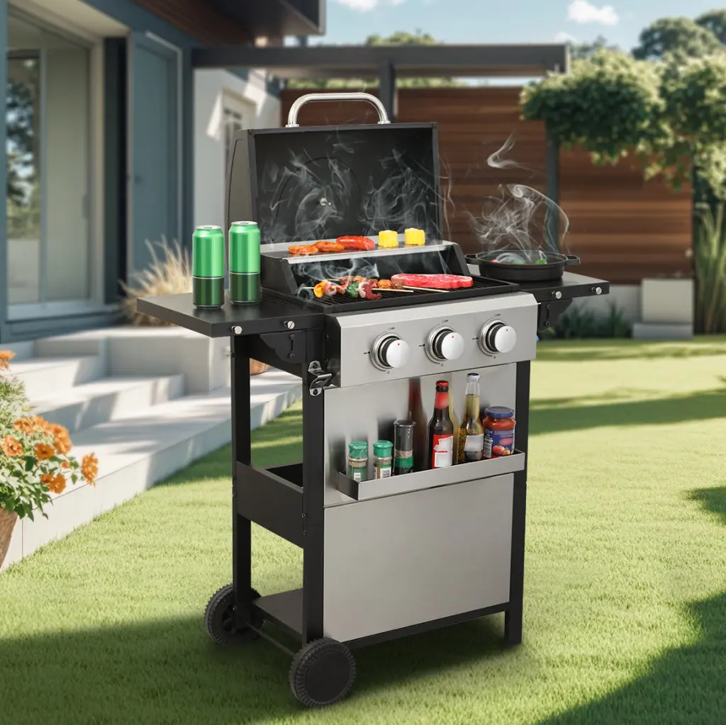 3 Burner Propane Gas BBQ Grill 25650BTU Output Enamel Cooking Grid rnb