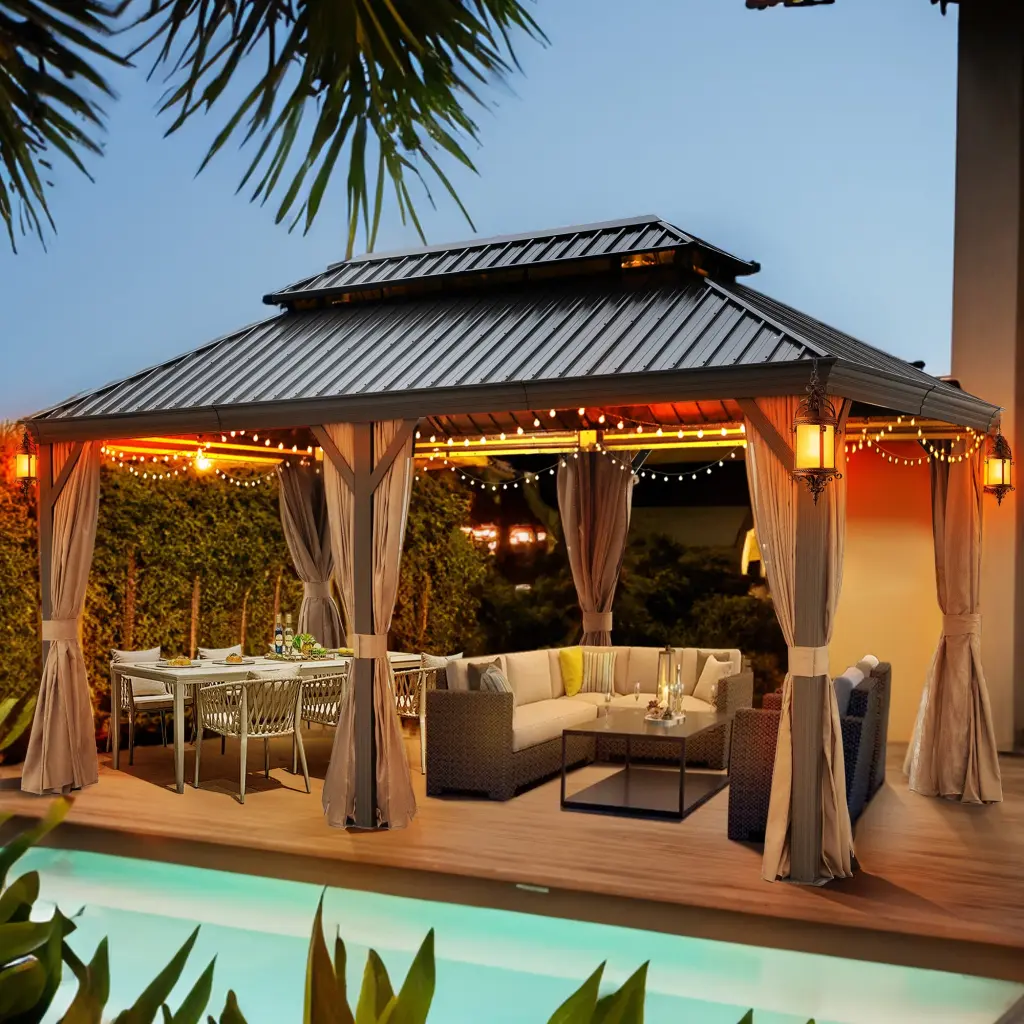 12x20Ft Galvanized Steel Gazebo Netting & Curtains Brown Rectangle t2586