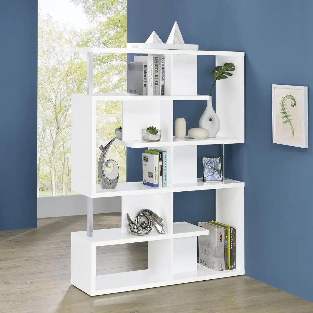 White and Chrome 5 Tier Geometric Bookcase Modern Shelf furniture max