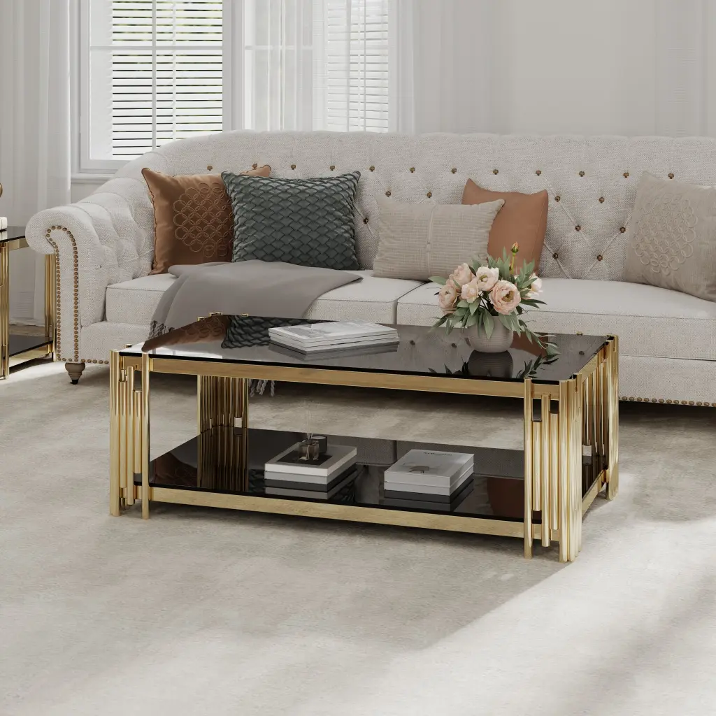 48 Inch Wide Rectangular Coffee Table Black Tempered Glass Top And Golden Frame Modern Center Table woker furniture