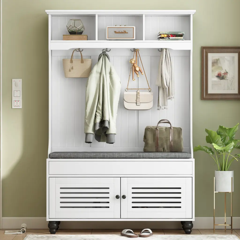 5 1 Entryway Bench Shutter Influenced Doors Coat Rack Cushion Storage rnb