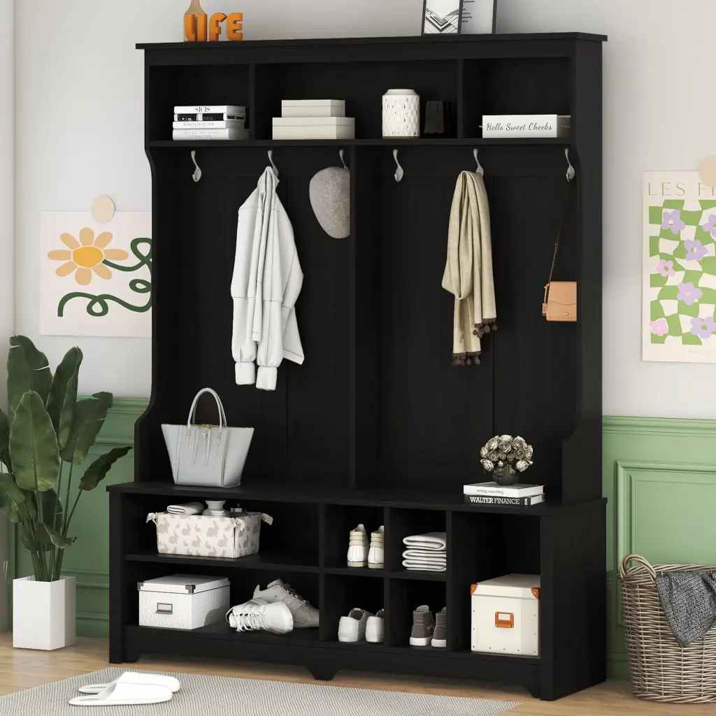 Modern Hallway Hall Tree Metal Hooks And Storage Space Multi Function magic more